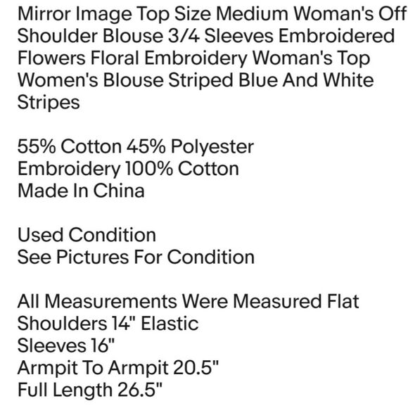 Mirror Image Top Size Medium Woman's Off Shoulder Blouse 3/4 Sleeves Embroidered - Picture 2 of 8